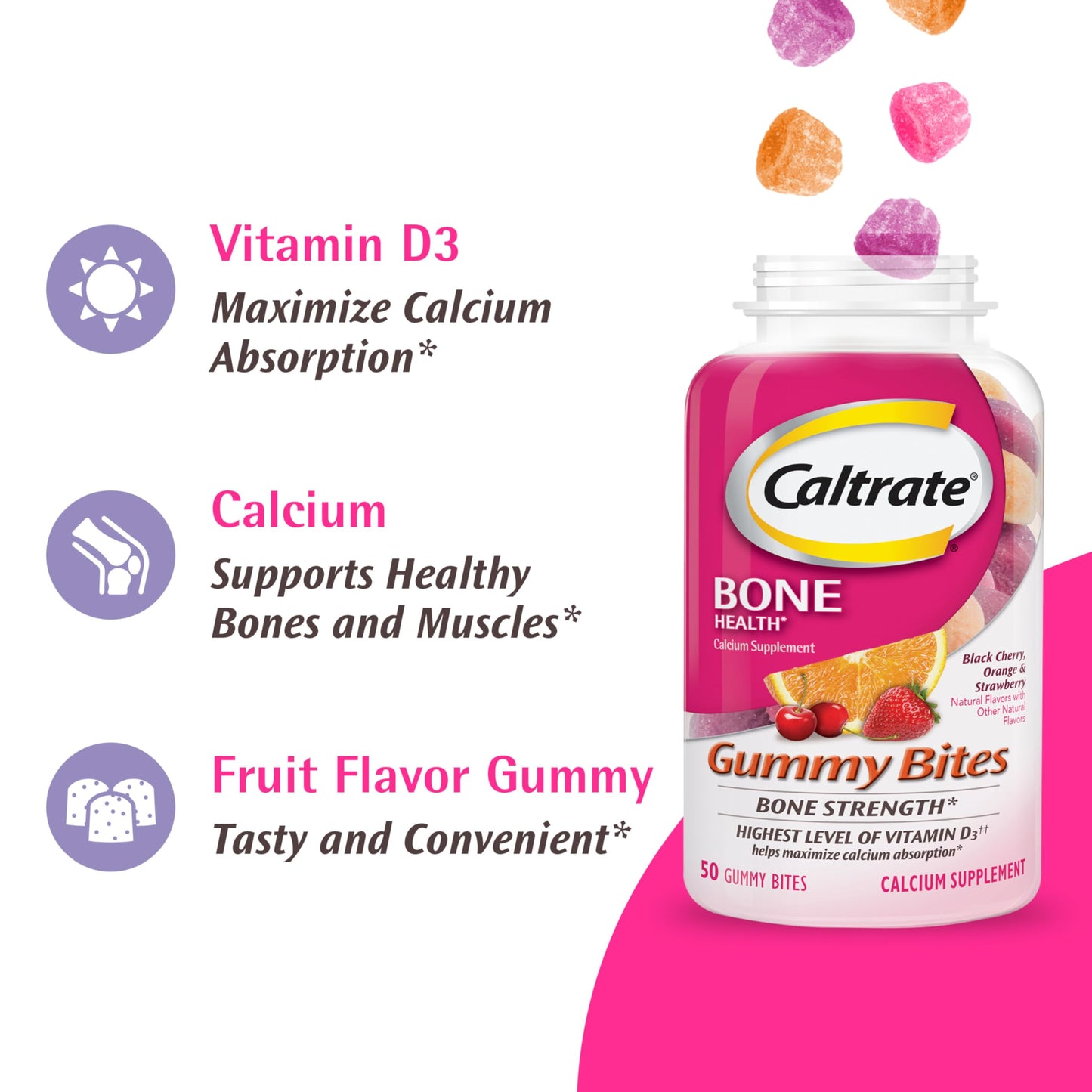 Caltrate Gummy Bites 500 mg Calcium and Vitamin D Supplement, Black Cherry, Strawberry, Orange - 100 Count Nirvana Guru