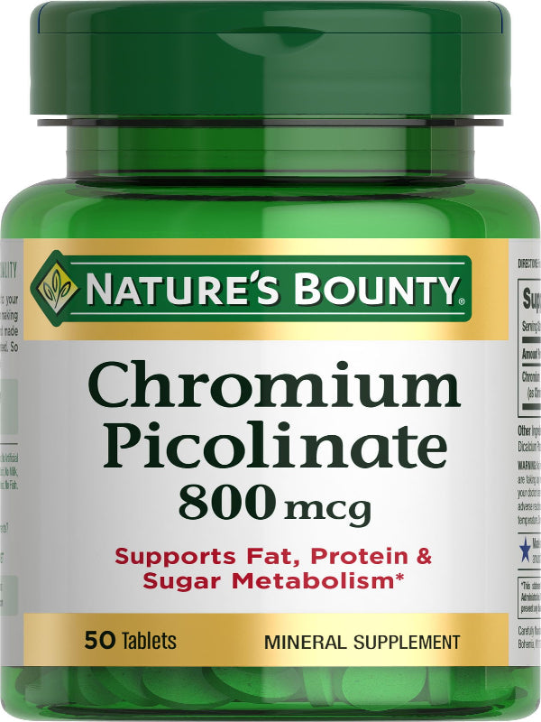 Nature's Bounty Chromium Picolinate, Supports Fat, Protein & Sugar Metabolism, Mineral Supplement, 800 mcg, 50 Tablets Nirvana Guru