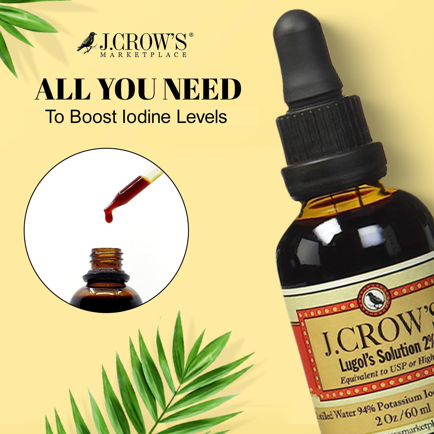 J.CROW'S® Lugol's Solution of Iodine 2% 2 oz (1 Bottle) – Premium Potassium Iodide Liquid, Supports Thyroid & Energy, Gluten &, Alcohol-Free Natural Brine Extract, No Expiration Nirvana Guru