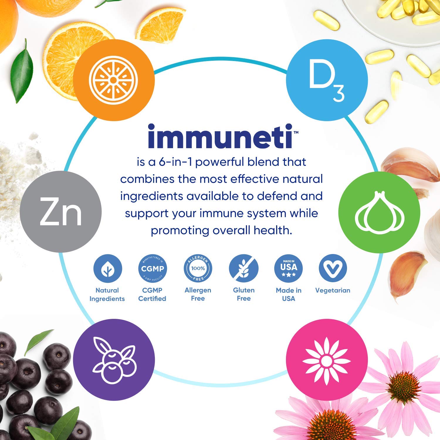 Immuneti - Advanced Immune Defense, 6-in-1 Powerful Blend of Vitamin C, Vitamin D3, Zinc, Elderberries, Garlic Bulb, Echinacea - 3 Pack - Supports Overall Health Nirvana Guru