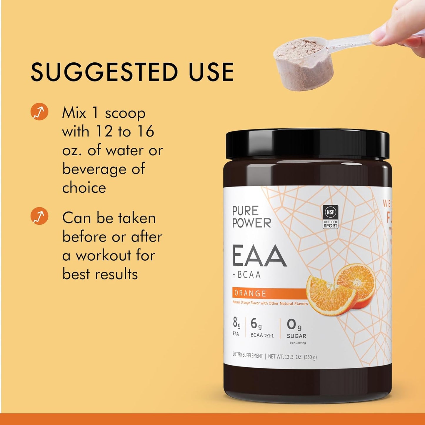 Dr. Mercola Pure Power Essential Amino Acids with BCAA, Orange Flavor, 12.3 oz (350 g), 30 Servings, 8 g of EAA, 6 g of BCAA, 0 g of Sugar, Non-GMO, NSF Certified for Sport - Nirvana Guru