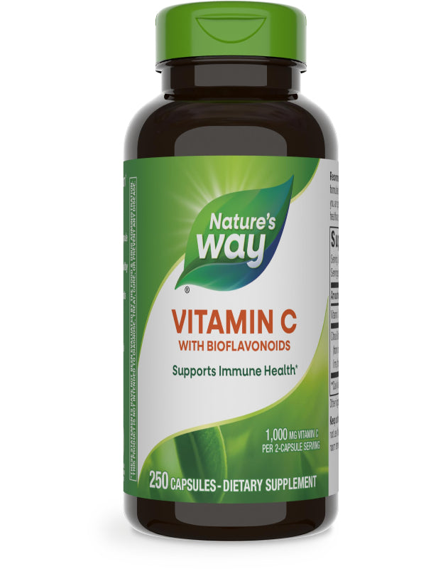 Nature's Way Vitamin C with Bioflavonoids, Immune Support*, High Potency Vitamin C per 2-capsule serving, Promotes Collagen*, 1,000 mg per 2-Capsule Serving, 250 Capsules (Packaging May Vary) - Nirvana Guru