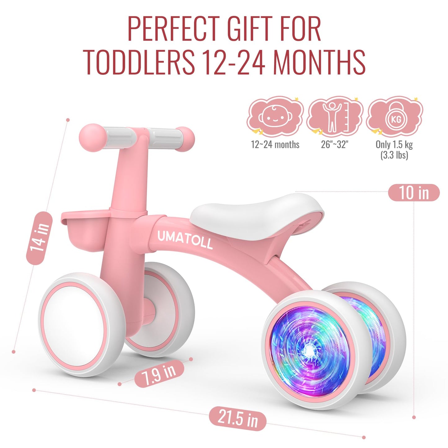 Umatoll Colorful Lighting Baby Balance Bike Toys for 1 Year Old Girls Gifts, Adjustable Seat, 1st Birthday Gifts, 12-24 Months Toddler Bike, Pink Nirvana Guru