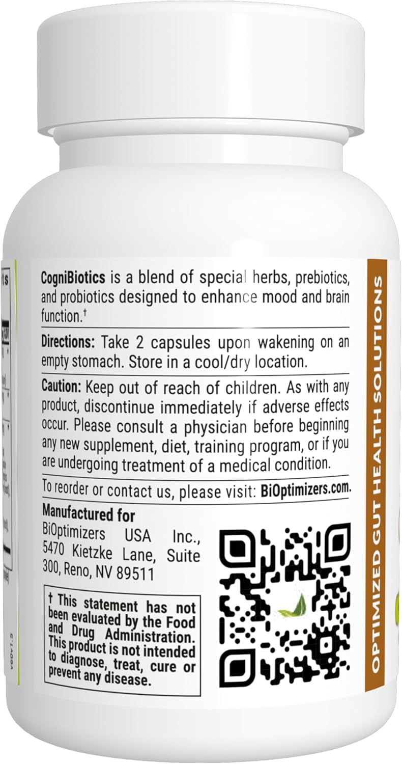 BIOptimizers Cognibiotics Probiotic Brain Supplement - Helps Support Mood, Better Focus, Memory, Mental Clarity - 60 Capsules Nirvana Guru