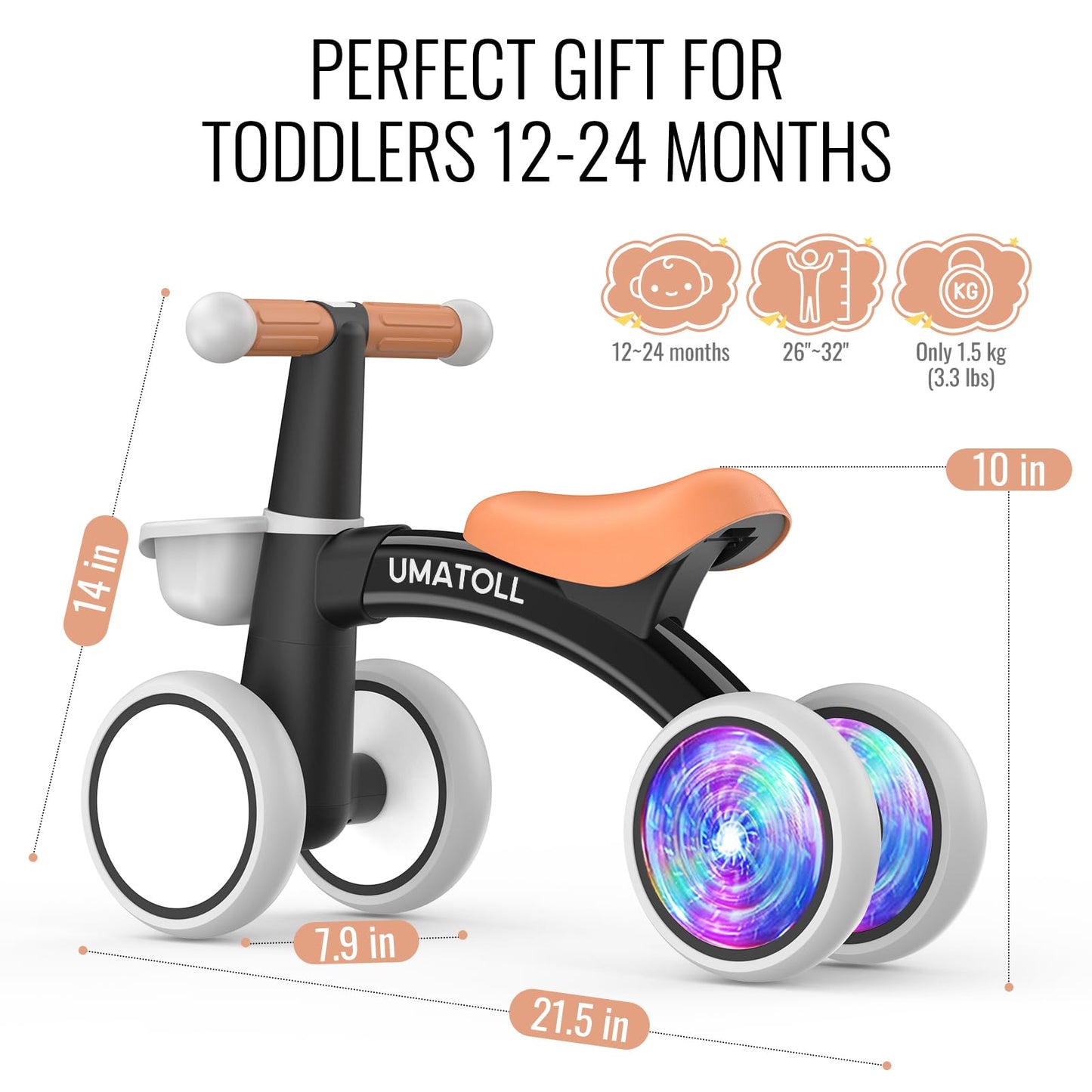 Umatoll Colorful Lighting Baby Balance Bike Toys for 1 Year Old Girls Gifts, Adjustable Seat, 1st Birthday Gifts, 12-24 Months Toddler Bike, Pink Nirvana Guru