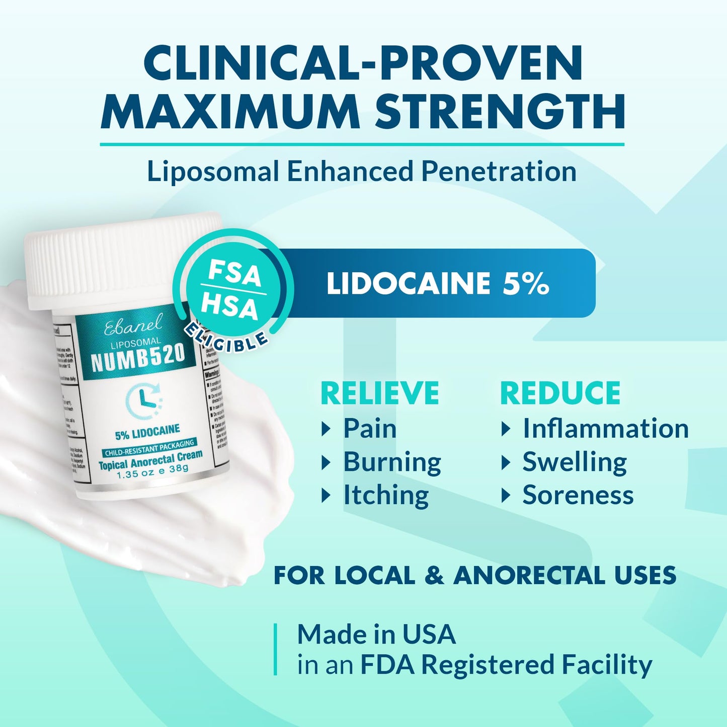 Ebanel 5% Lidocaine Numbing Cream, Pain Relief Burn Itch Numb Cream, Maximum Strength Topical Anesthetic with Allantoin, Vitamin E for Local and Anorectal Uses, Hemorrhoid Treatment, 1.35 Oz