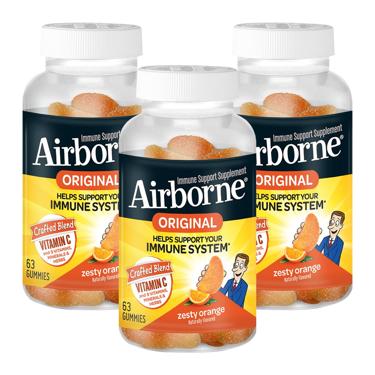Airborne 750mg Vitamin C Immune Support Supplement Gummies for Adults, Zesty Orange Flavor, Gluten Free Crafted Blend with Powerful Antioxidants Vitamins A C & E, 63 Gummies (4 Pack) Nirvana Guru