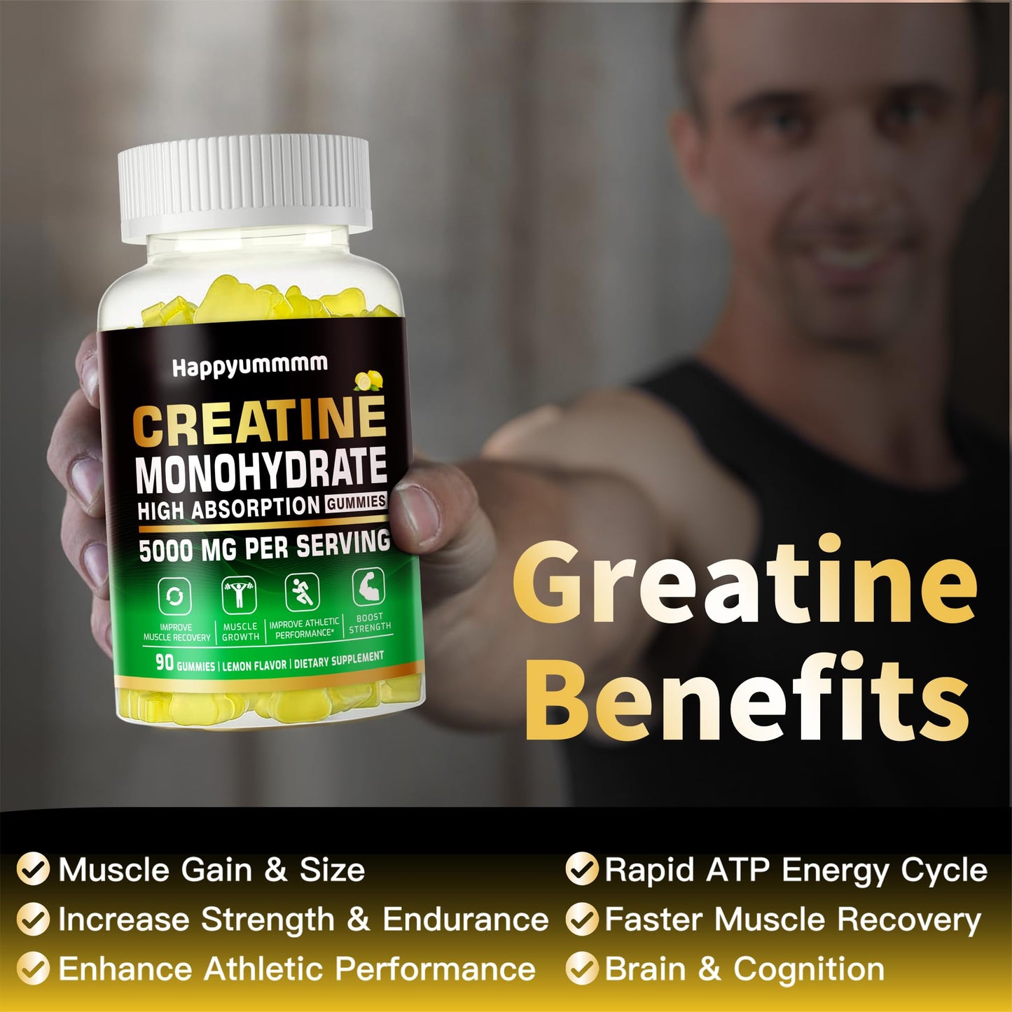 Creatine Monohydrate Gummies 5000mg for Men & Women, Chewables Creatine Monohydrate for Muscle Strength, Muscle Builder, Energy Boost, Pre-Workout Supplement(90 Count)-Strawberry.