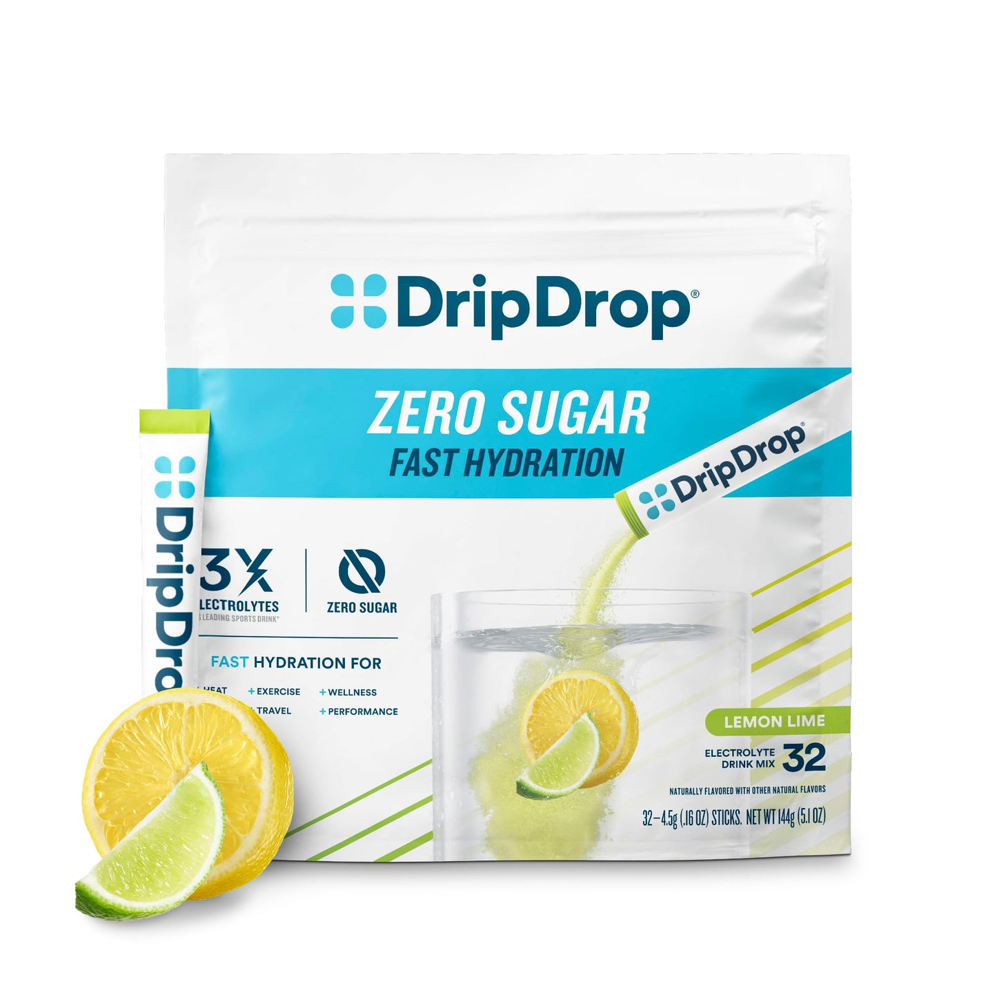 DripDrop Sugar Free Hydration Packets - Zero Classic Variety Pack - Single Serve Electrolytes Powder Drink Mix - Lemon Lime, Watermelon, Peach, Passion Fruit - Non-GMO, Gluten Free, Vegan - 32 Sticks