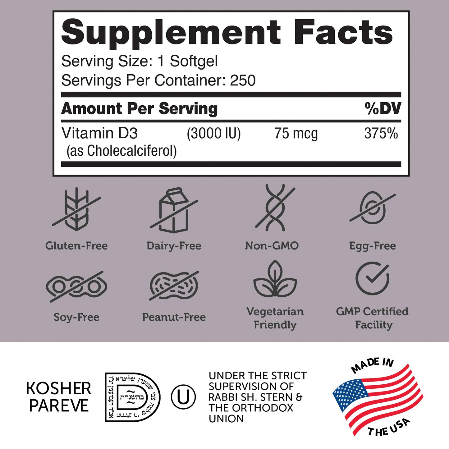 Zahler Vitamin D3 3000IU, Vitamin D3 Supplement 3,000 IU, Certified Kosher (250 Softgels) - Nirvana Guru