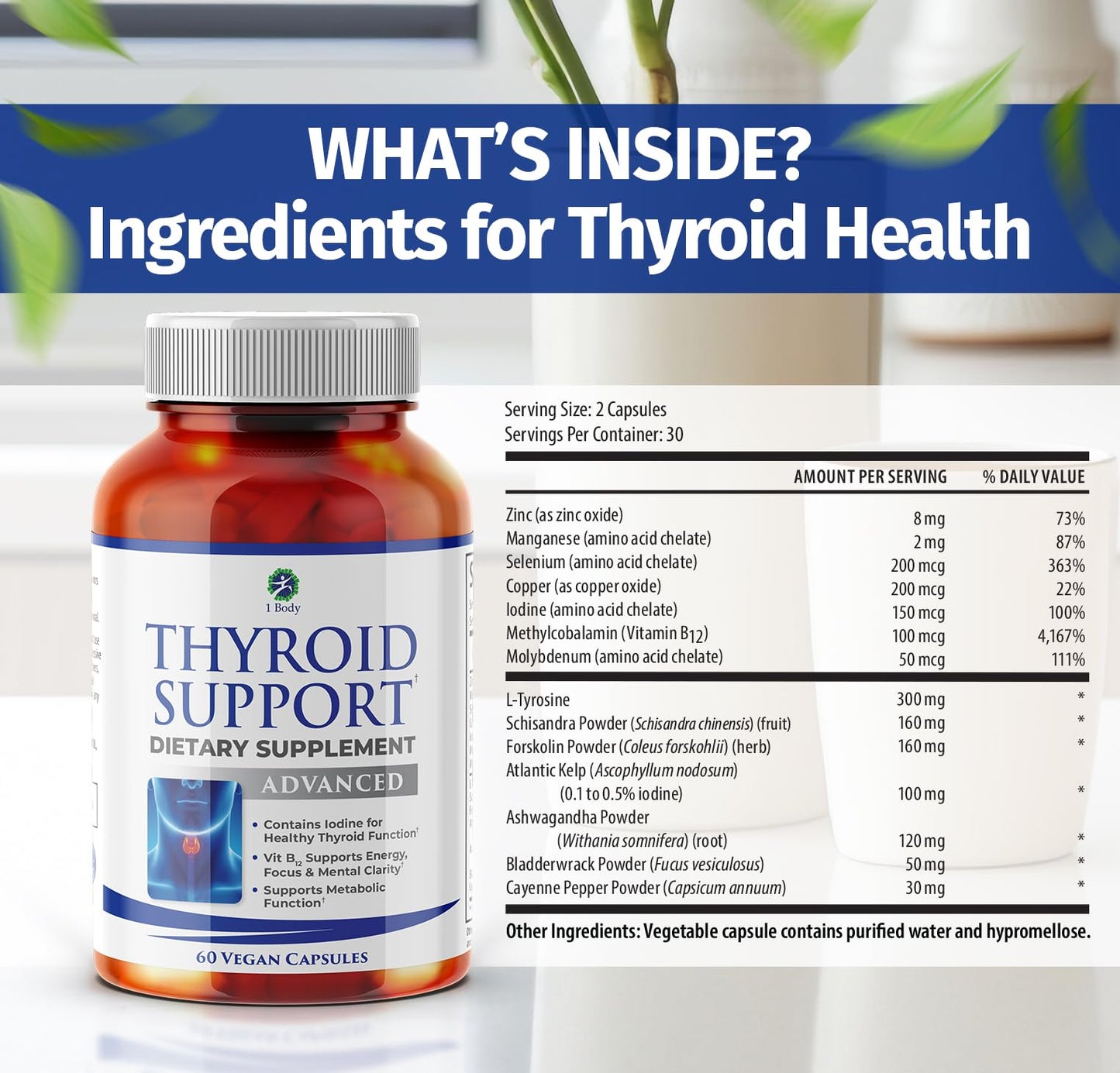 1 Body Thyroid Support Supplement with Iodine, B12, Zinc, Selenium, Ashwagandha, Non-GMO, Vegetarian, 30 Day Supply Nirvana Guru