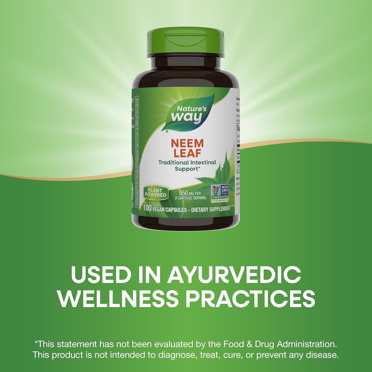 Nature's Way Herbal Neem Leaf, Traditional Intestinal Support*, Used in Ayurveda, 950 mg per 2-Capsule Serving, Non-GMO Project Verified, Vegan, 100 Capsules (Packaging May Vary) Nirvana Guru