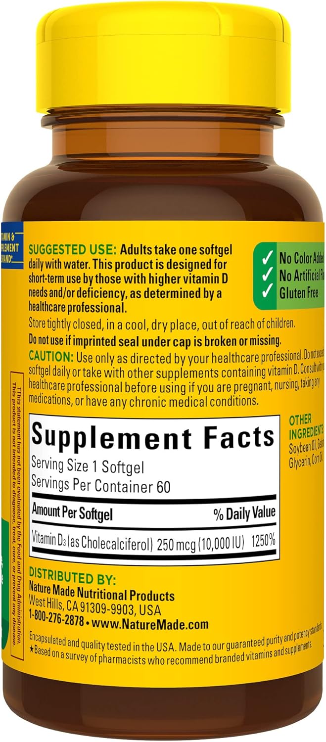 Nature Made Maximum Strength Vitamin D3 10000 IU (250 mcg), Dietary Supplement for Bone, Teeth, Muscle and Immune Health Support, 60 Softgels, 60 Day Supply - Nirvana Guru