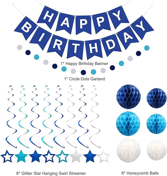 meowtastic Birthday Decorations, Happy Birthday Banner with Honeycomb Balls, Stars Hanging Swirl Streamers, Circle Dots Garland, Happy Birthday Party Decorations for Women Men Boys Girls (Blue) nirvanaguru