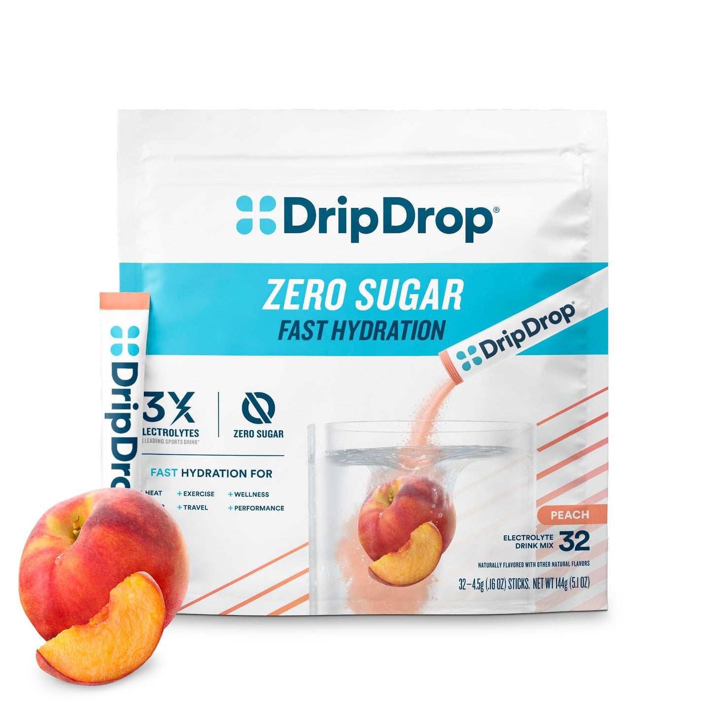 DripDrop Sugar Free Hydration Packets - Zero Classic Variety Pack - Single Serve Electrolytes Powder Drink Mix - Lemon Lime, Watermelon, Peach, Passion Fruit - Non-GMO, Gluten Free, Vegan - 32 Sticks