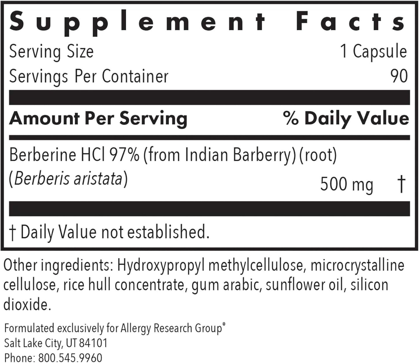 Allergy Research Group Berberine 500mg Supplement - Multi-Faceted Metabolic Support, Supports Healthy Cholesterol, Indian Barberry Root, Hypoallergenic, Vegetarian Capsules - 90 Count Nirvana Guru