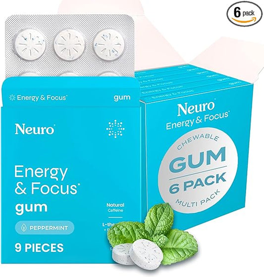 NeuroGum Energy & Focus Gum (54 Count-6 Pack, Peppermint) | 40mg Natural Caffeine + L-Theanine + Vitamin B12 & B6 + Xylitol | Sugar Free Nootropic Cognitive Brain Performance Supplement nirvanaguru