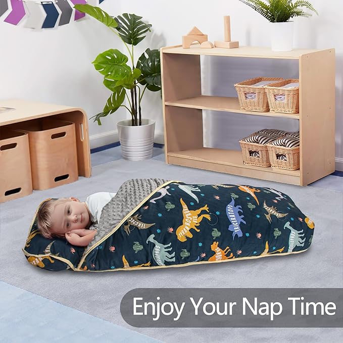 Primlect Thickened Toddler Nap Mat with Removable Pillow and Minky Blanket, Extra Large 55''x35'' Sleeping Bag, Washable, Roll up, Perfect for Daycare, Preschool, Kindergarten, Boys and Girls Dinosaur Nirvana Guru