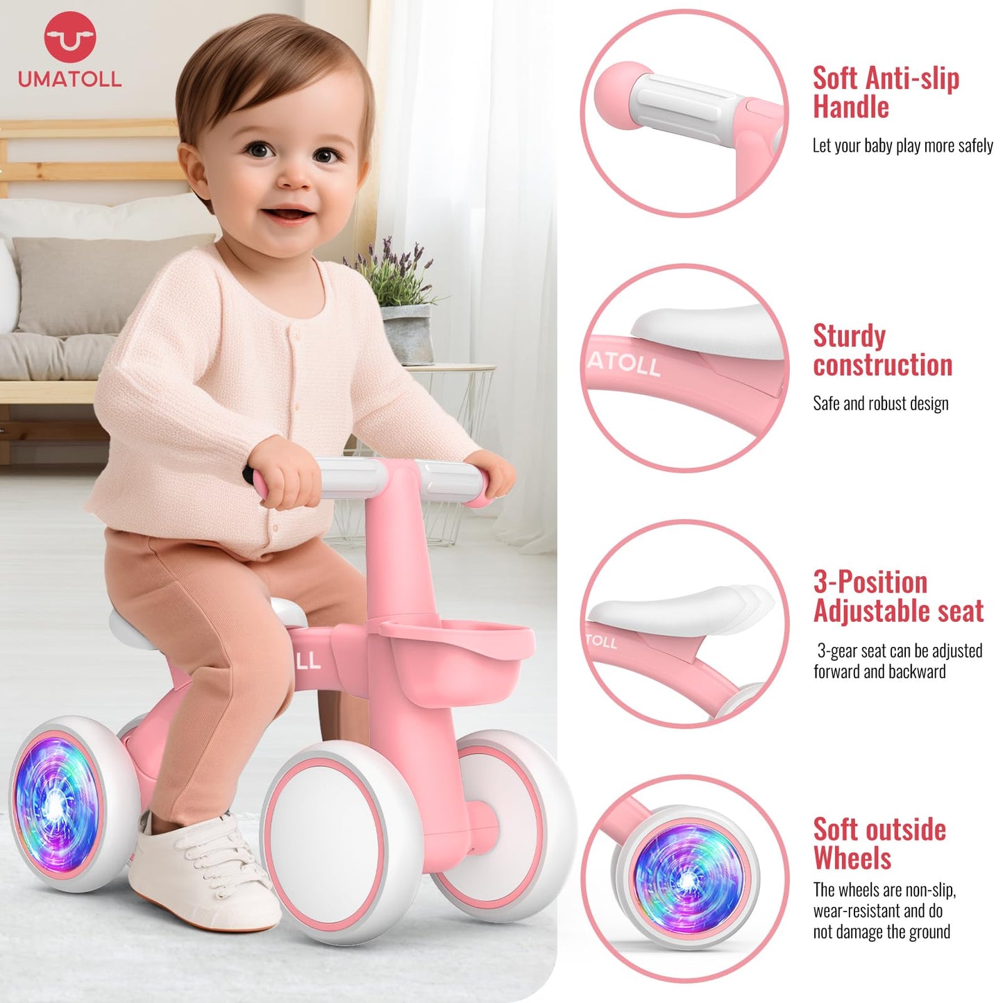 Umatoll Colorful Lighting Baby Balance Bike Toys for 1 Year Old Girls Gifts, Adjustable Seat, 1st Birthday Gifts, 12-24 Months Toddler Bike, Pink Nirvana Guru