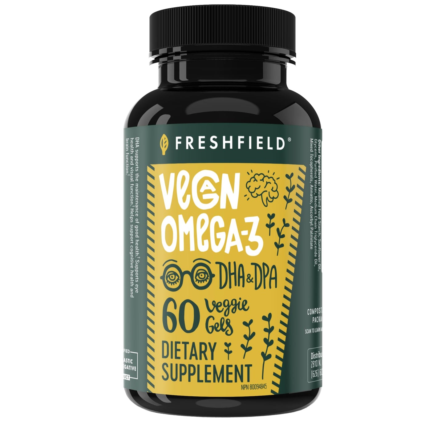 Freshfield Vegan Omega 3 DHA: Algae Oil, Most Reviewed, Carrageenan Free, Sustainably Sourced, Tested, No Heavy Metals, Fish Oil Alt, Plant Based Omega. Supports Heart, Brain, Joint Health w/DPA Nirvana Guru