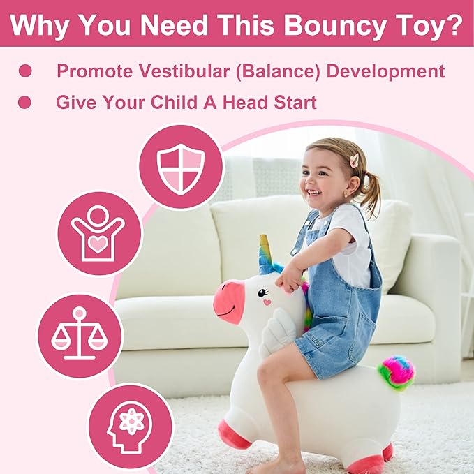 iPlay, iLearn Bouncy Pals Hopping Unicorn Horse, Toddler Girl Inflatable Bouncing Animal Hopper Toy, Outdoor Indoor Plush Ride on Bouncer, Baby Birthday Gift 18 Month 2 3 4 Year Old Kid - Unicorn Nirvana Guru