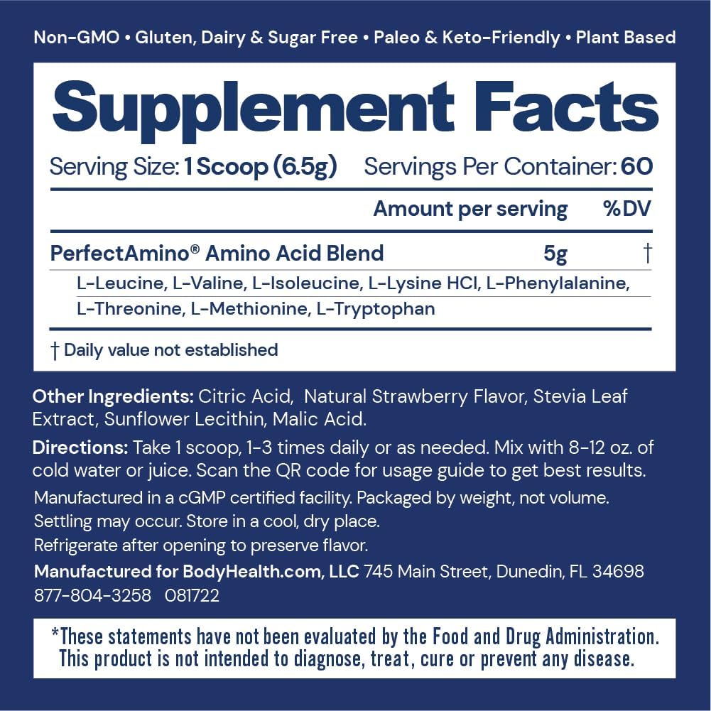 BodyHealth PerfectAmino Powder - BCAA and EAA Powder for Pre and Post Workout - Amino Acid Energy Drink for Men and Women to Support Lean Muscle and Recovery - Strawberry - 30 Servings Nirvana Guru