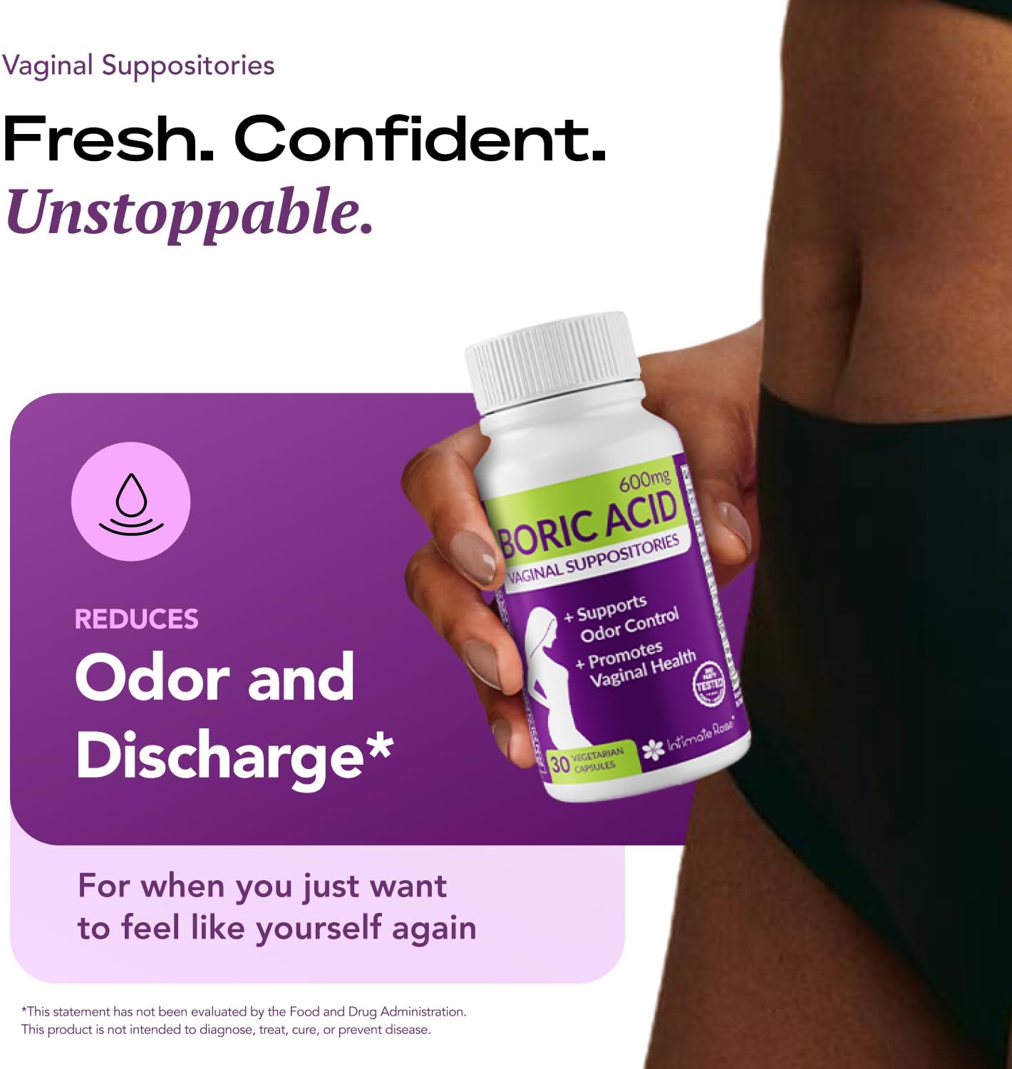 Intimate Rose 30ct Boric Acid Suppositories for Women - 600mg Vaginal pH Balance Pills for Odor Relief, BV Support - Made in USA