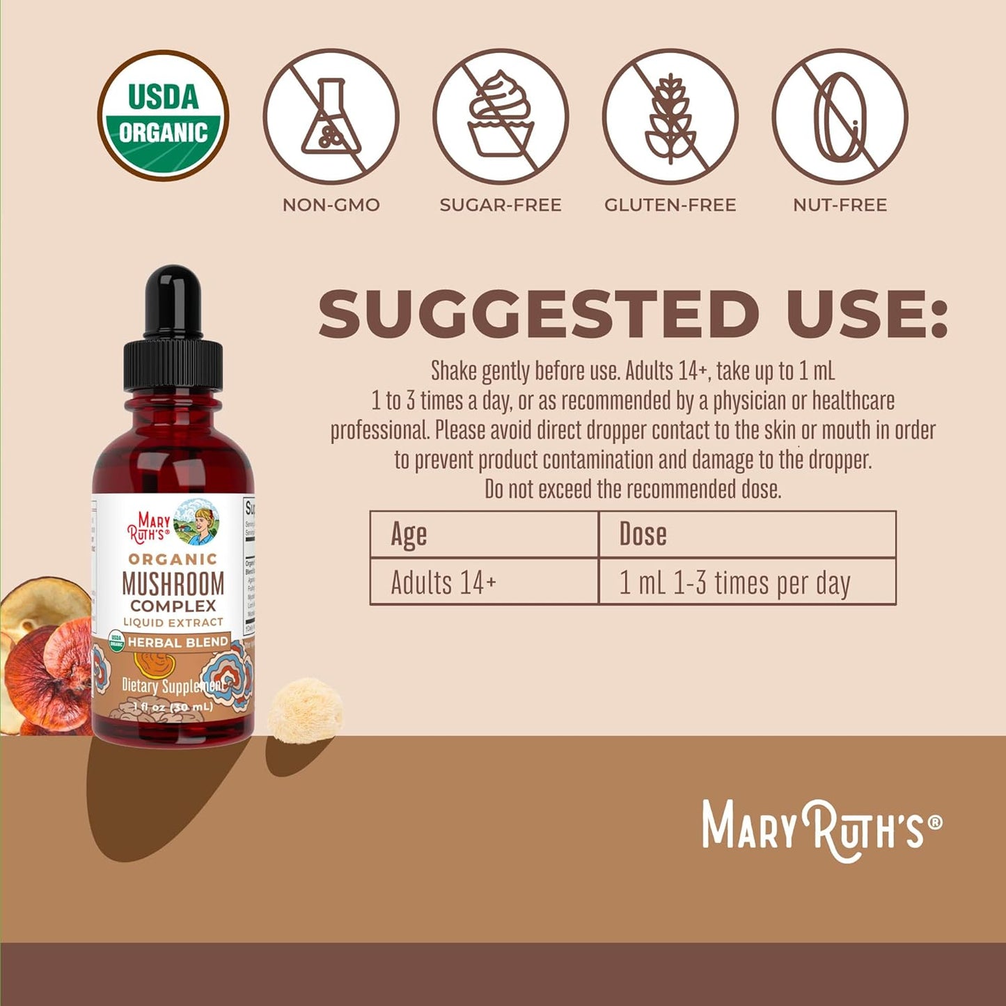 MaryRuth Organics USDA Mushroom Complex | Herbal Liquid Drops | Supplement | Lion's Mane | Reishi Mushroom | Shiitake Mushrooms | Non-GMO | Vegan | Alcohol Free Tincture | 30 Servings - Nirvana Guru
