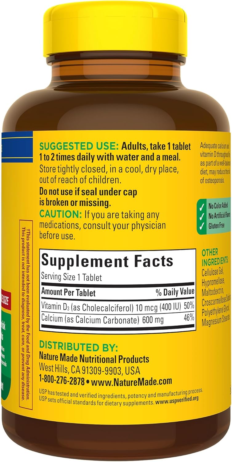 Nature Made Calcium 600 mg with Vitamin D3, Dietary Supplement for Bone Support, 220 Tablets (pack of 1) - Nirvana Guru