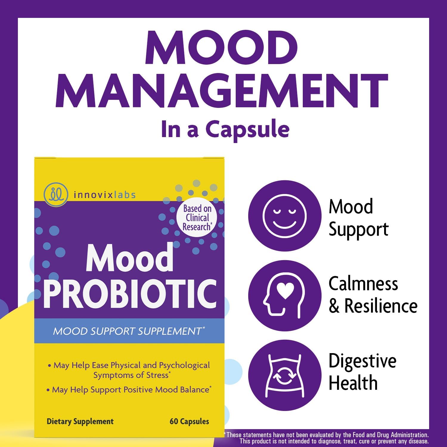 InnovixLabs Mood Probiotic for Women & Men, Clinically Studied Digestive & Mood Support Supplement, Lactobacillus helveticus Rosell-52ND & Bifidobacterium longum Rosell-175, 60 Capsules - Nirvana Guru