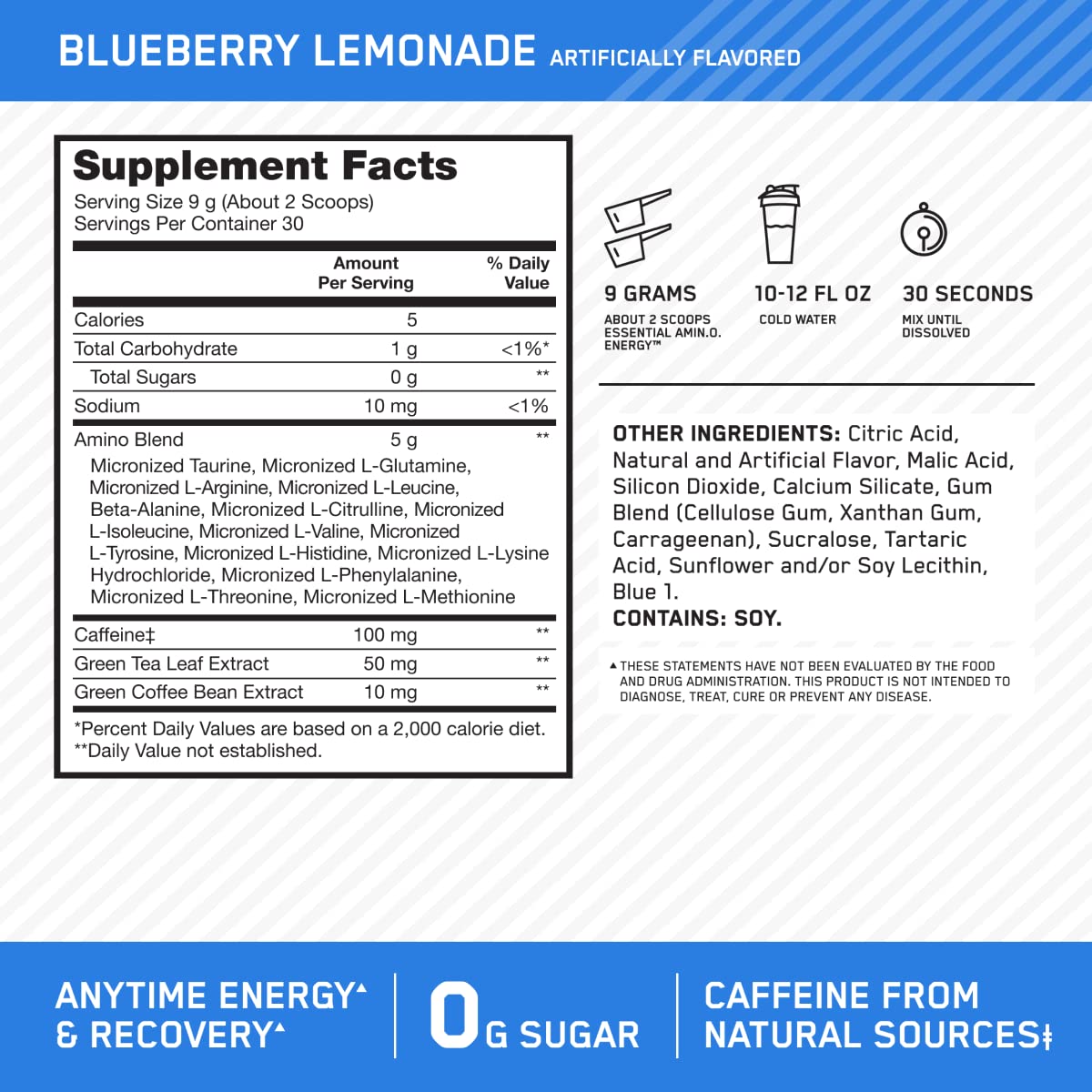 Optimum Nutrition Amino Energy - Pre Workout with Green Tea, BCAA, Amino Acids, Keto Friendly, Green Coffee Extract, Energy Powder - Concord Grape, 65 Servings (Packaging May Vary)
