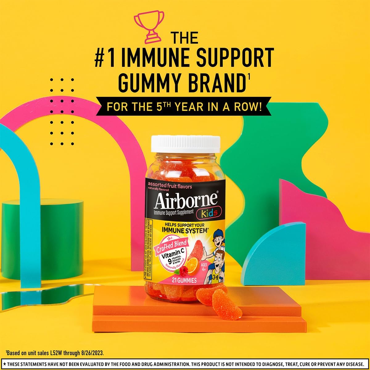Airborne 500mg Vitamin C + Zinc Immune Support Supplement Gummies for Kids, Assorted Fruit Flavor, Gluten Free Crafted Blend with Powerful Antioxidants Vitamins C & E, 21 Gummies (4 Pack) Nirvana Guru