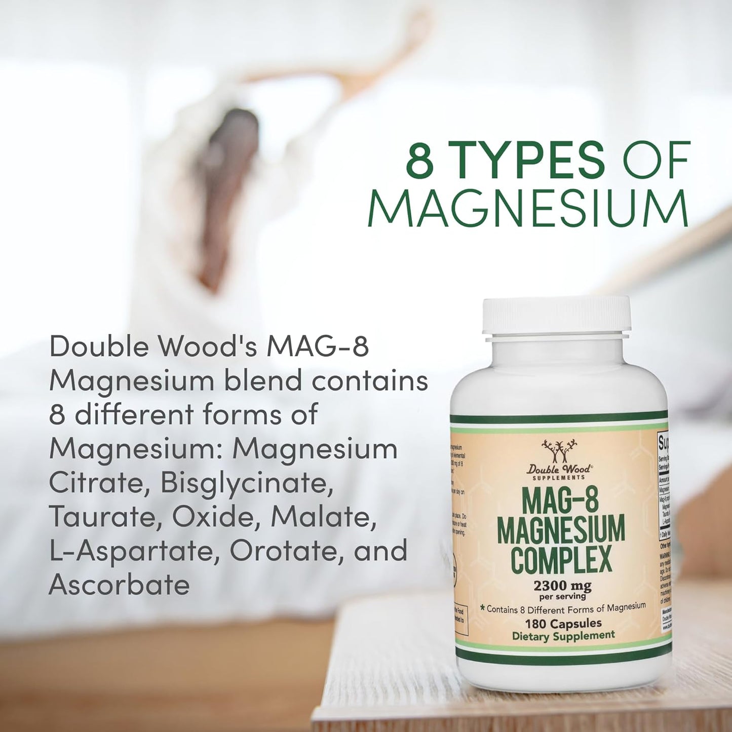 Magnesium Complex Supplement 180 Capsules (426mg Elemental Magnesium Provided by 2,300mg of Eight Different Forms of Magnesium) MAG-8 Provides 100% Daily Recommended Value of Magnesium by Double Wood Nirvana Guru