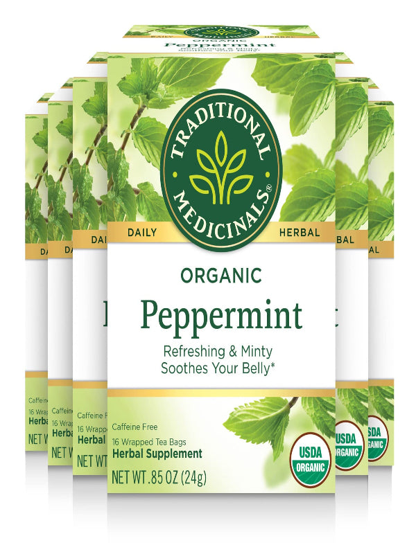 Traditional Medicinals Tea, Organic Peppermint, Soothes Your Belly, Refreshing & Minty, 96 Tea Bags (6 Pack) - Nirvana Guru