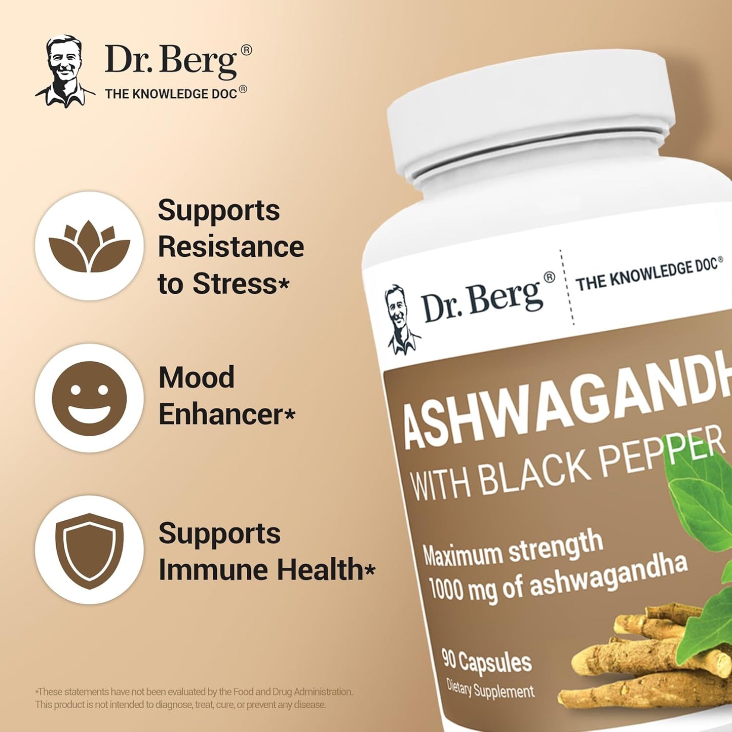 Dr. Berg Ashwagandha Capsules 1000mg - Includes Ashwagandha Root with Black Pepper from Bioperine - Ashwagandha Supplements 90 Capsules - Nirvana Guru