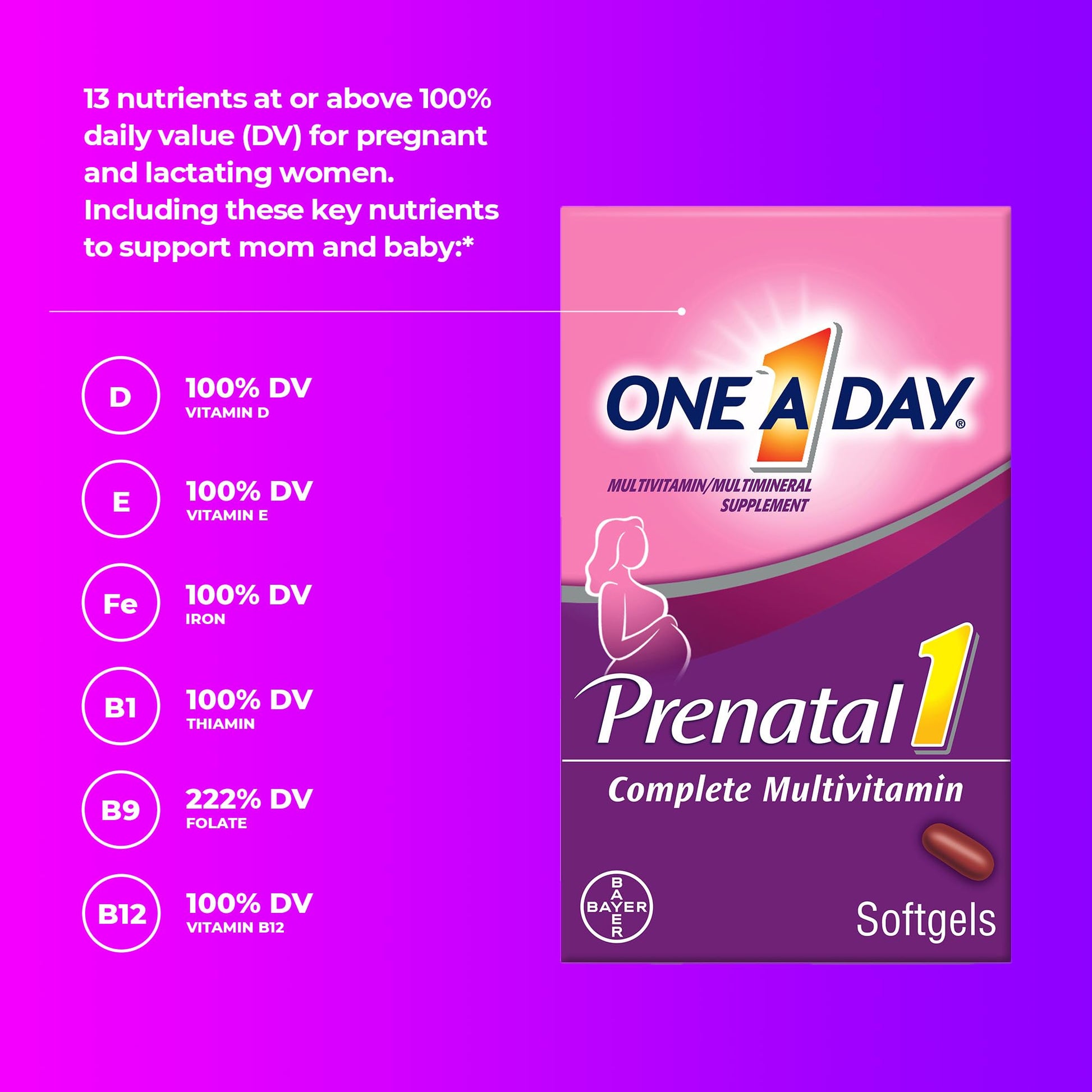 ONE A DAY Women's Prenatal 1 Multivitamin including Vitamins A, C, D, B6, B12, Iron, Omega-3 DHA & more - Supplement for Before, During, & Post Pregnancy, 30 Ct (Pack of 1)(Packaging May Vary) Nirvana Guru