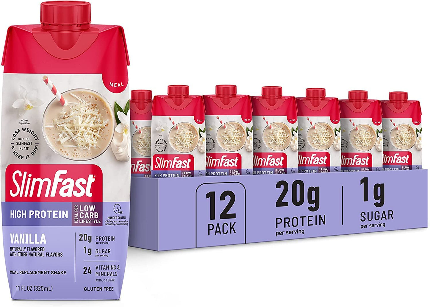 SlimFast Protein Shake with Caffeine, Caramel Macchiato- 20g Protein, Meal Replacement Shakes, High Protein with Low Carb and Low Sugar, 24 Vitamins and Minerals, 12 Count (Pack of 1)