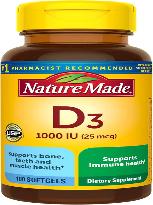 Nature Made Vitamin D3 1000 IU (25 mcg), Dietary Supplement for Bone, Teeth, Muscle and Immune Health Support, 300 Softgels, 300 Day Supply - Nirvana Guru