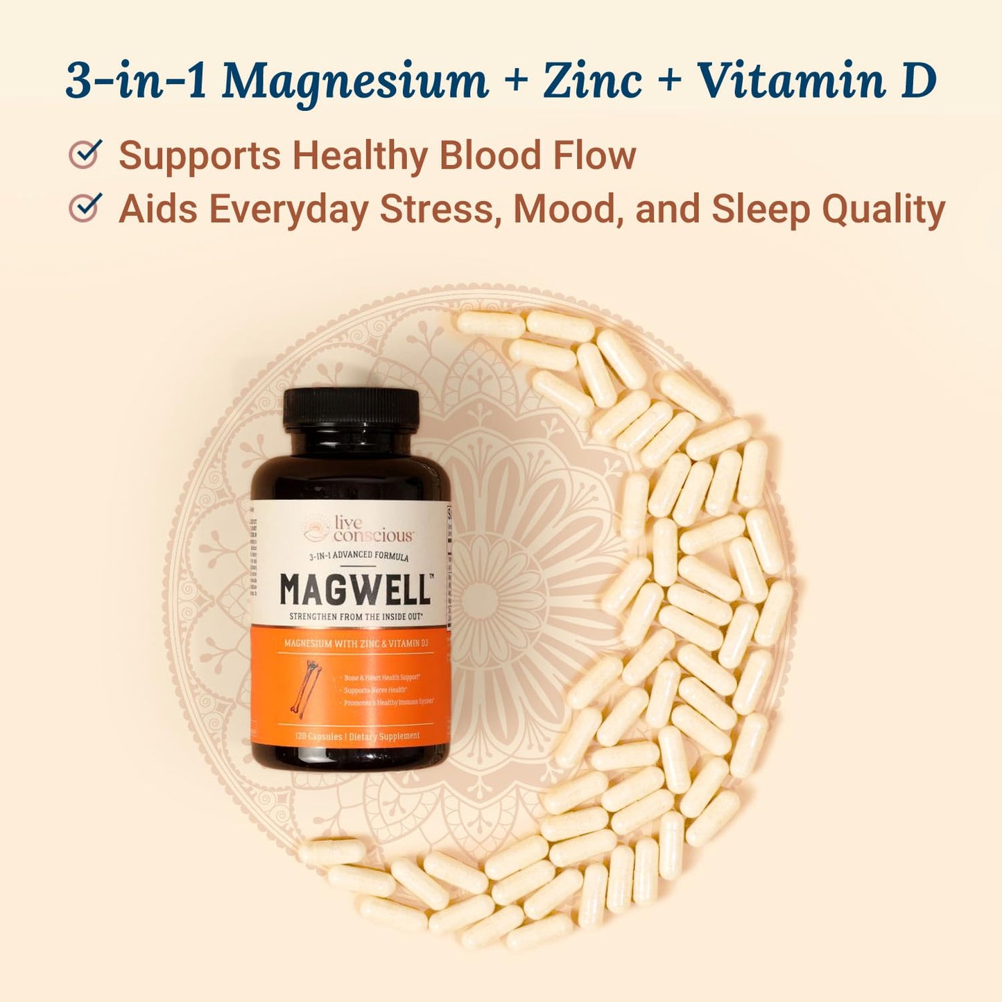 Live Conscious Magwell Magnesium Zinc & Vitamin D3 - Magnesium Glycinate, Malate, & Citrate - Triple Supplement for Women & Men - for Sleep, Bone, Heart, Immune Support - 120 Caps Nirvana Guru