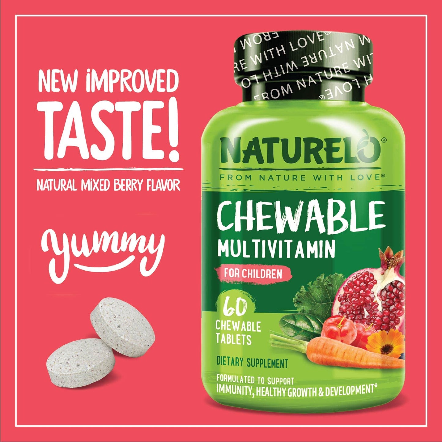 NATURELO Chewable Vitamin for Kids – Multivitamin with Whole Food Organic Fruit Blend - 60 Tablets for Children - Nirvana Guru