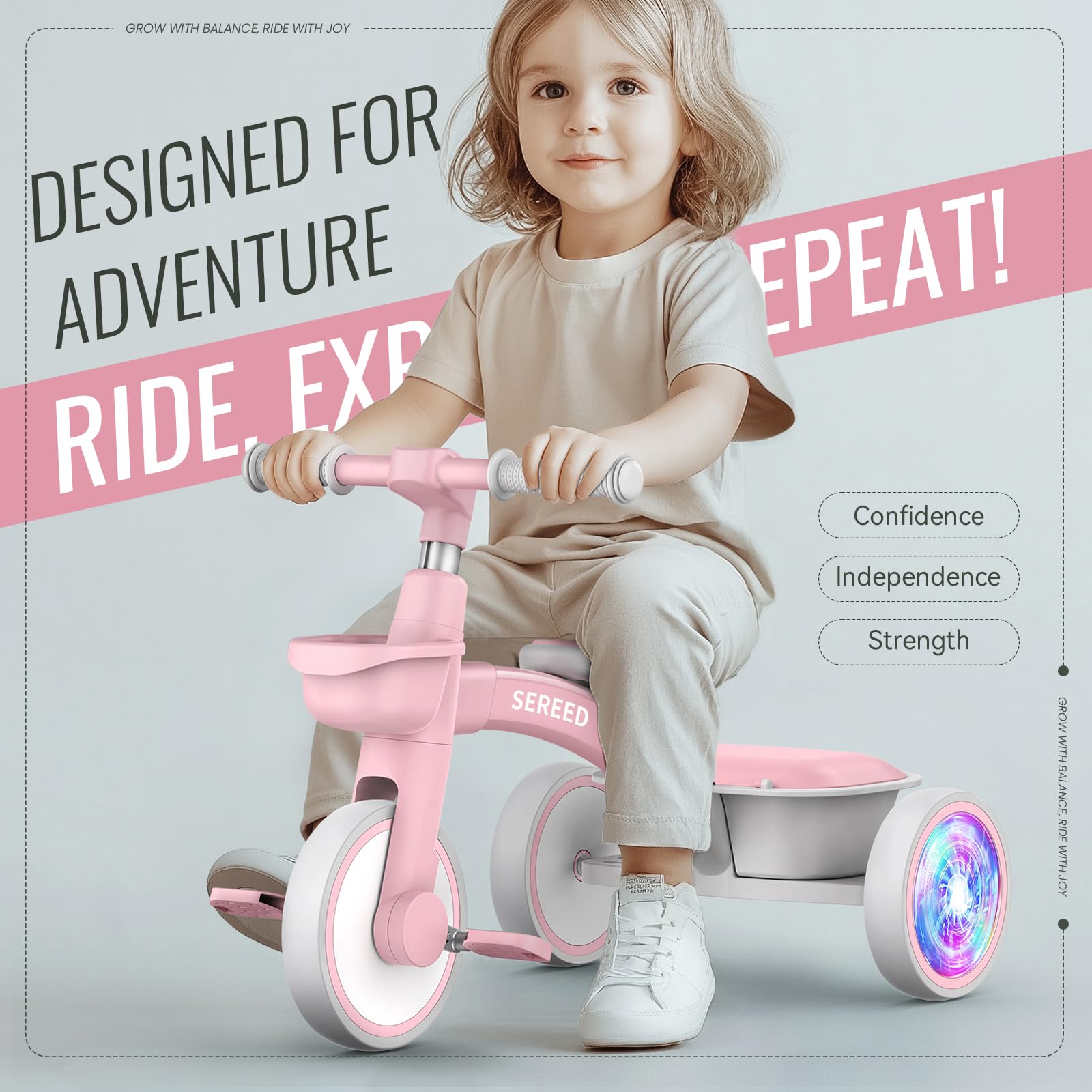 SEREED Colorful Lighting Toddler Tricycle for 2-5 Years Old Girls, Adjustable Seat&Handlebar Trike, Removable Basket, Birthday Gift Idea for Kids Ages 2+ (Pink) Nirvana Guru