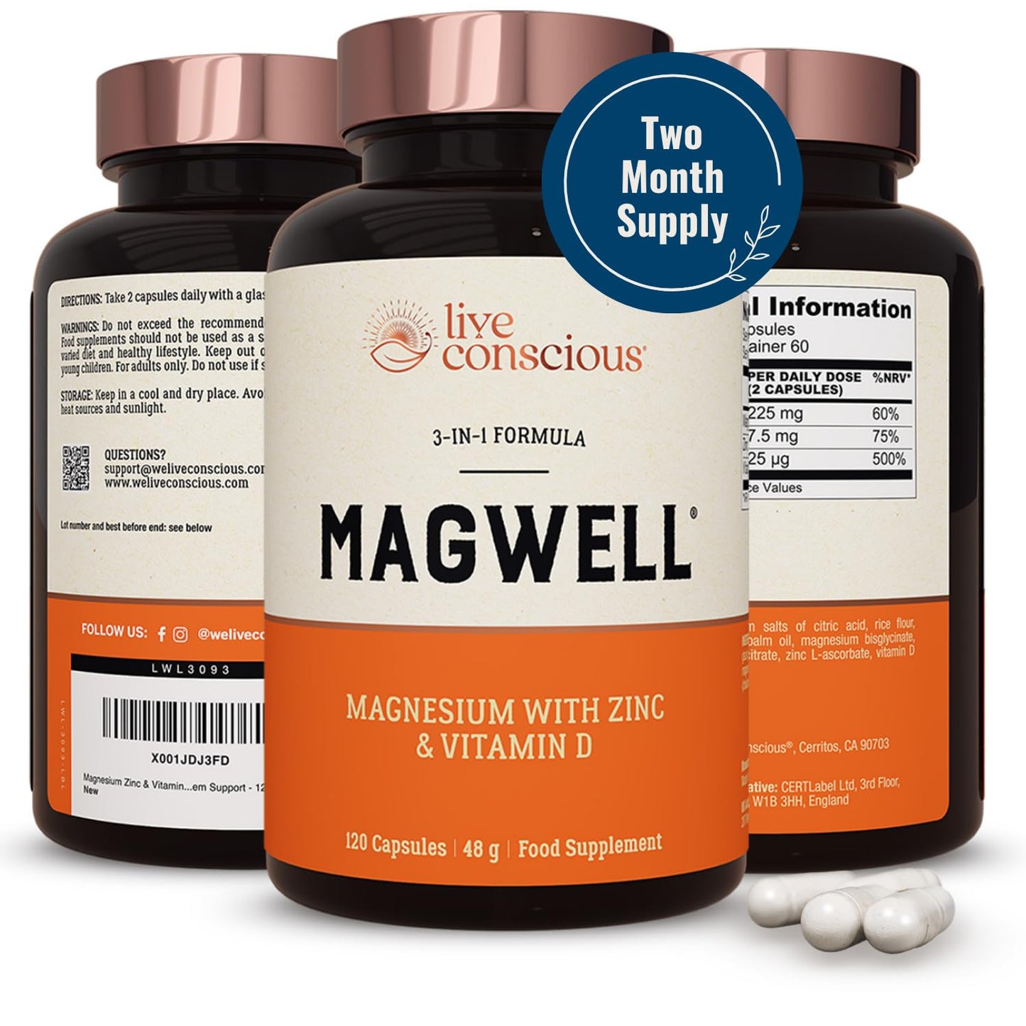 Live Conscious Magwell Magnesium Zinc & Vitamin D3 - Magnesium Glycinate, Malate, & Citrate - Triple Supplement for Women & Men - for Sleep, Bone, Heart, Immune Support - 120 Caps Nirvana Guru