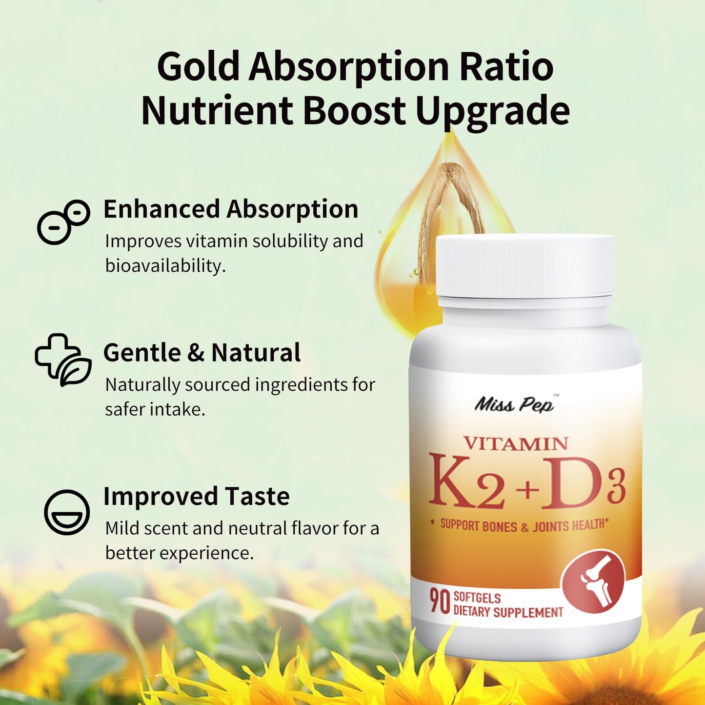 Misspep Vitamin D3 K2, 5000 IU D3 and 100 mcg K2 (MK-7), with Sunflower Oil Softgels, 90 Softgels, 2-in-1 Formula, Easy to Absorb and Swallow (1 Bottle)
