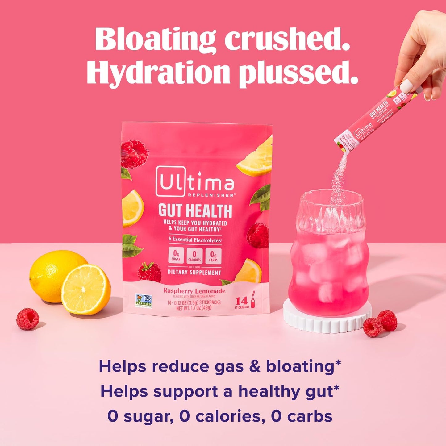 Ultima Replenisher Gut Health Supplement and Electrolytes Powder - Raspberry Lemonade, 14 Stickpacks - Hydration Packets with Added Gut Health Benefits - Nirvana Guru