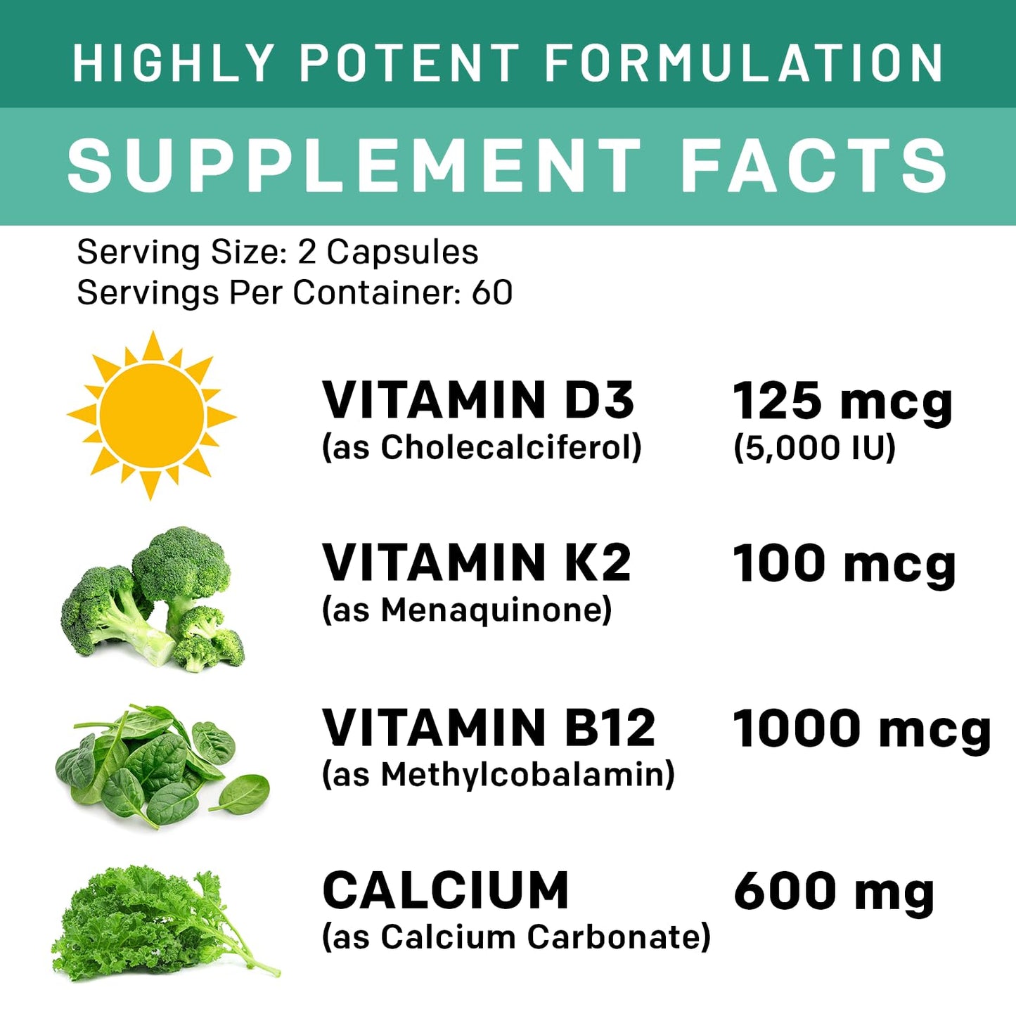 4-in-1 Calcium 1200mg with Vitamin D3 - Calcium Supplement for Women and Men with Vitamin K2 B12 5000 IU - Extra Strength Calcium Citrate for Bone and Heart Support (120ct) Nirvana Guru