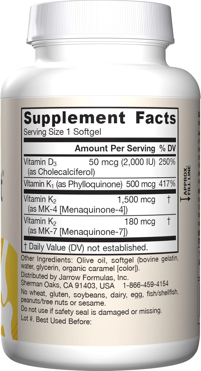 Jarrow Formulas K-Right - Vitamin K-Complex (K1, MK-4, MK-7, D3) - 60 Servings (Softgels) - Dietary Supplement for Bone & Cardiovascular Health Support - Vitamin K2 MK-7 - Gluten Free Nirvana Guru