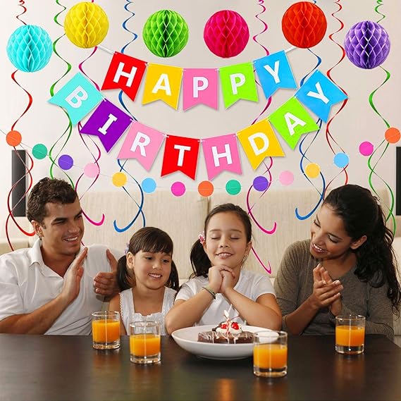 Happy Birthday Banner Decoration Set – Rainbow Birthday Banner with 6 Honeycomb Balls, 8 Metallic Hanging Swirls & Circle Paper Garland for Party Supplies nirvanaguru