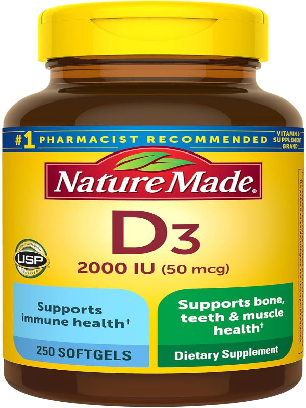 Nature Made Vitamin D3 2000 IU (50 mcg), Dietary Supplement for Bone, Teeth, Muscle and Immune Health Support, 250 Softgels, 250 Day Supply - Nirvana Guru