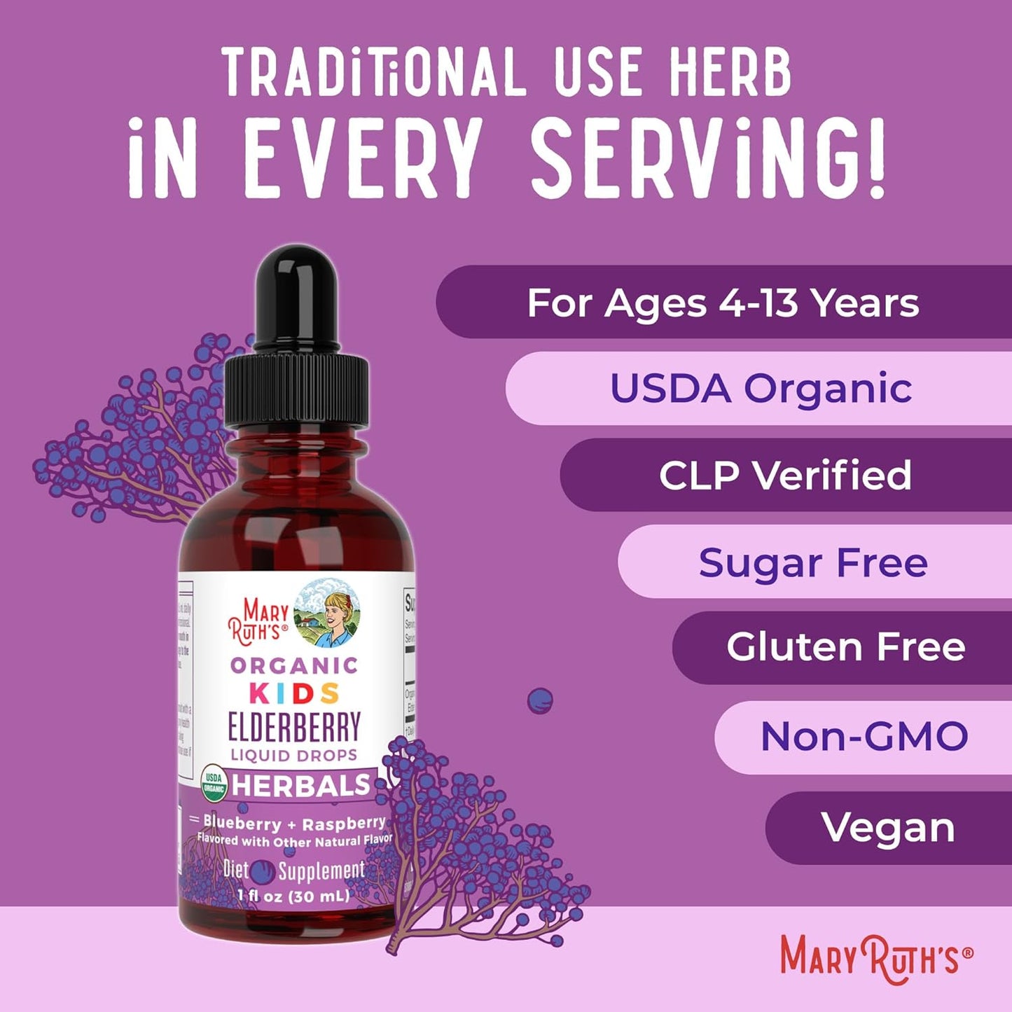 MaryRuth Organics USDA Organic Elderberry Liquid Drops for Kids | Vegan Elderberry Extract Organic Glycerin | Immune Support Supplement | Overall Health | Formulated for Ages 4-13 | 1oz - Nirvana Guru