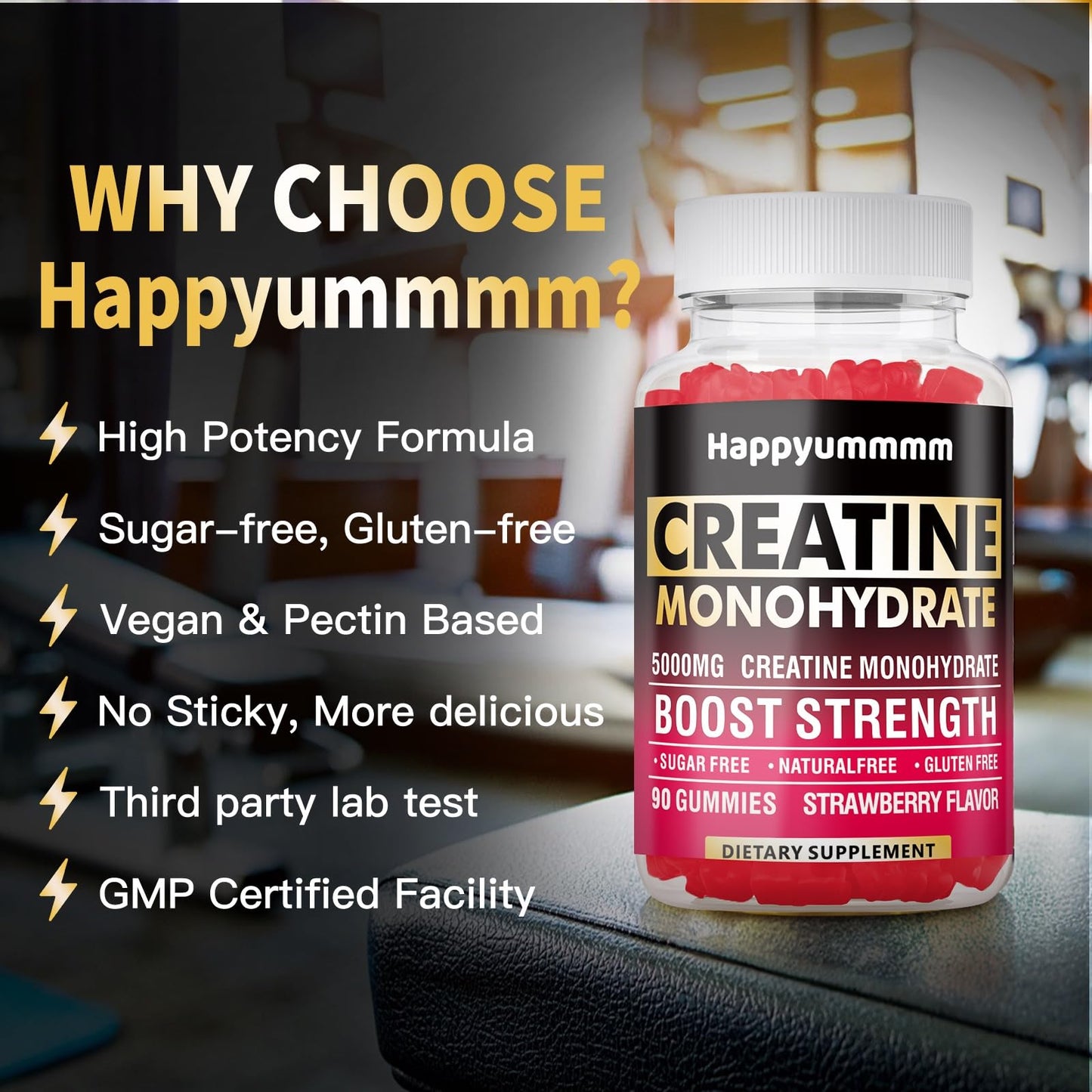 Creatine Monohydrate Gummies 5000mg for Men & Women, Chewables Creatine Monohydrate for Muscle Strength, Muscle Builder, Energy Boost, Pre-Workout Supplement(90 Count)-Strawberry.